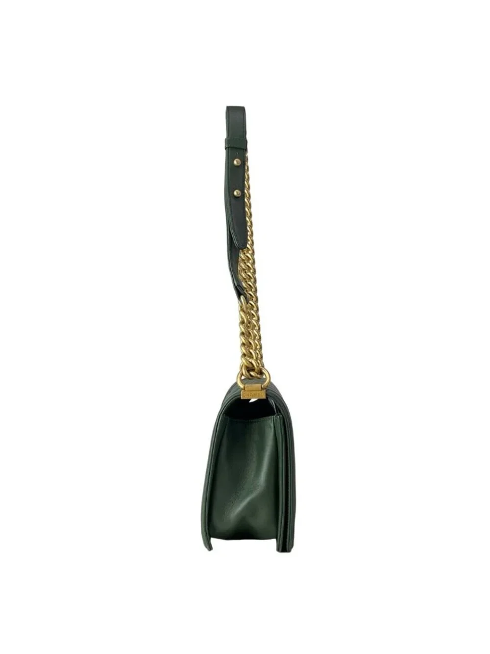 Chanel Shoulder Bag Boy Quilted Dark Green Vintage Gold Chain Leather